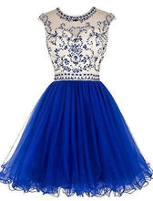 Load image into Gallery viewer, Short Beading Prom Dress Tulle Scoop Cap Sleeve Royal Blue Evening Dress Hollow Back RS921