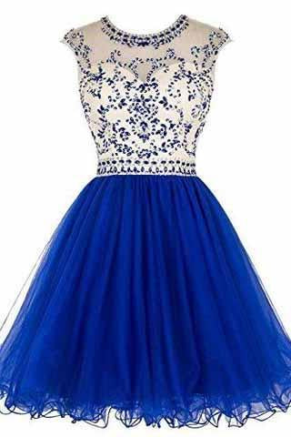 Short Beading Prom Dress Tulle Scoop Cap Sleeve Royal Blue Evening Dress Hollow Back RS921