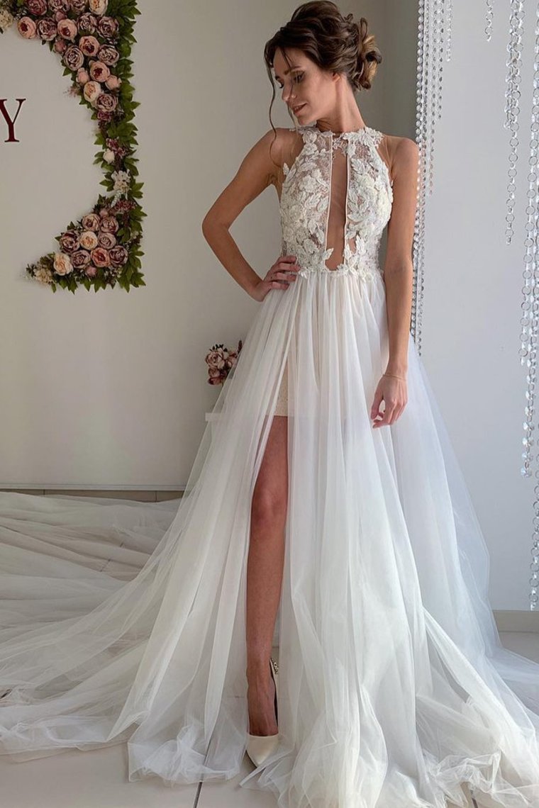 A Line Appliques Ivory Open Back Wedding Dresses Long Beach Bridal SRSP2PKLXCG