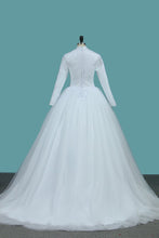 Load image into Gallery viewer, 2024 A Line Tulle Long Sleeves High Neck Wedding Dresses With Applique Sweep Train