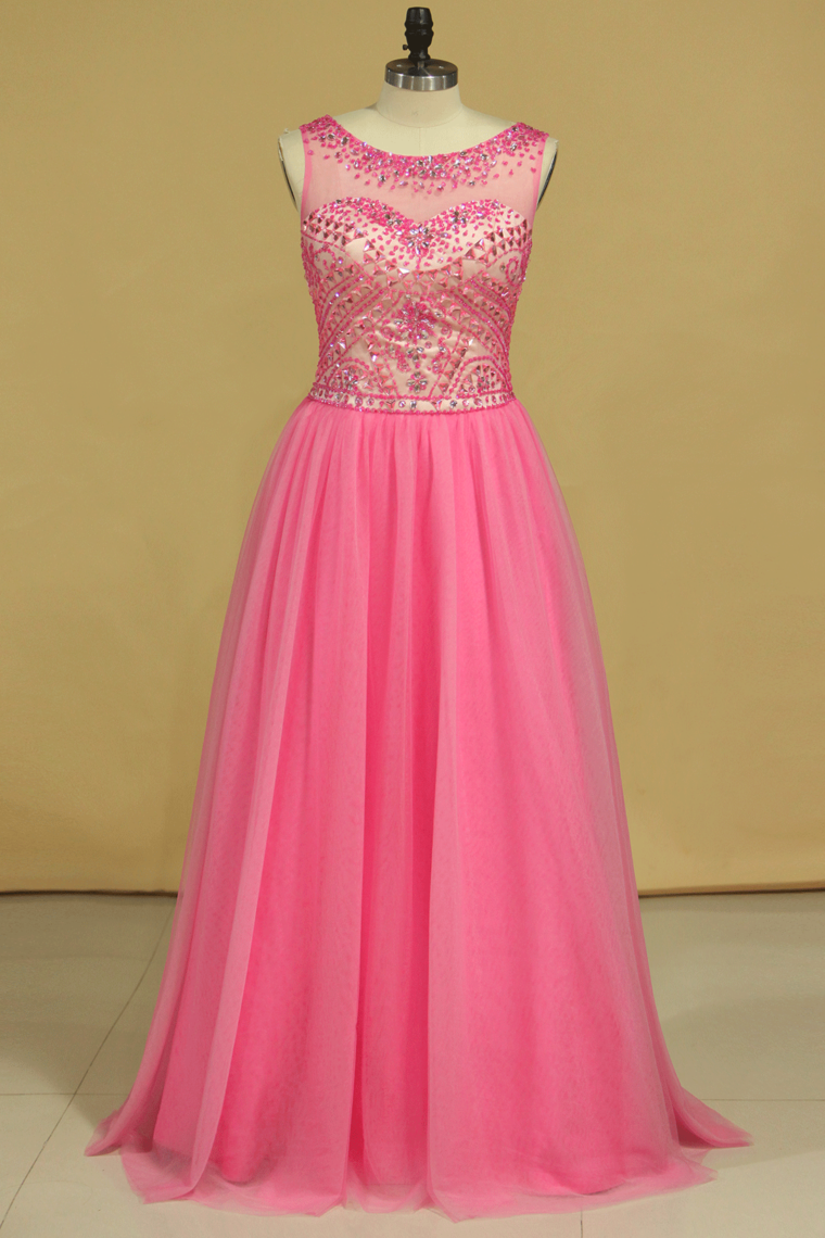 2024 Open Back Prom Dresses Scoop A Line Beaded Bodice Floor Length Tulle