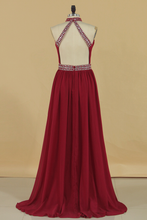 Load image into Gallery viewer, 2024 A Line High Neck Chiffon Prom Dresses With Beads Open Back Sweep Train