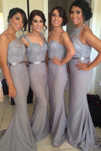 Load image into Gallery viewer, 2024 Mermaid Elastic Satin Bridesmaid Dresses With Applique And Sash Sweep Train