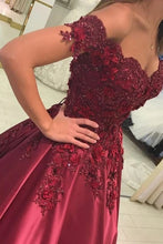 Load image into Gallery viewer, Burgundy Prom Dress Satin Ball Gown Off-The-Shoulder With Applique