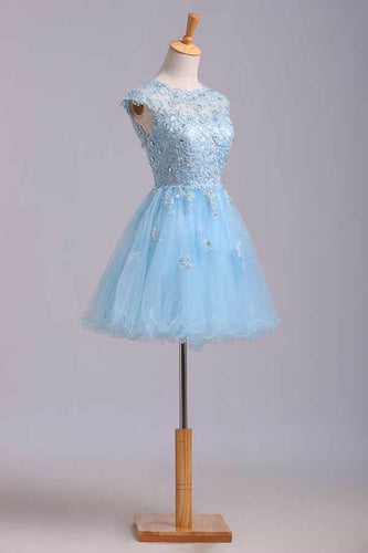 2024 Scoop Short/Mini Prom Dress A Line Tulle Skirt Embellished Bodice With Beads And Applique Cap Sleeve