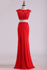 2024 Scoop Two-Piece With Applique And Beads Spandex Sheath Prom Dresses