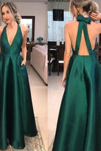 Load image into Gallery viewer, Deep V-Neck Simple Cheap Green Long Open Back Prom Dresses
