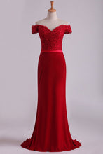 Load image into Gallery viewer, 2024 Off The Shoulder Prom Dresses Spandex Burgundy/Maroon Sweep Train With Applique