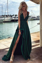 Load image into Gallery viewer, 2023 V Neck A Line Satin Prom Dresses With Slit Sweep Train