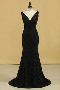 2024 Black Lace Evening Dresses V Neck Open Back Sweep Train Sheath Size 8