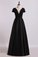 2023 Open Back V-Neck Short Sleeve A-Line Satin Evening Dress Black Bodice Floor-Length