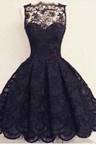 A-Line Scalloped-Edge Sleeveless Vintage Black Lace Appliques Prom Dresses RS869