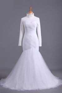 2024 High Neck Mermaid/Trumpet Muslim Wedding Dresses Pleated Bodice With Tulle Skirt Lace Up