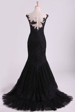 Load image into Gallery viewer, 2024 Mermaid Evening Dresses Bateau Tulle With Applique Sweep Train Color Black
