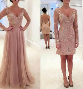 Elegant Long Sleeve Lace Tulle Pink Sexy A-Line V-Neck Prom Dresses 2024 RS974