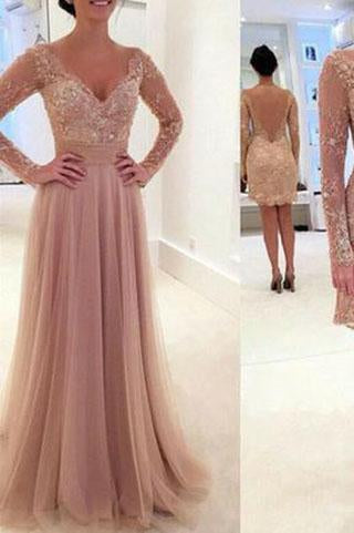 Elegant Long Sleeve Lace Tulle Pink Sexy A-Line V-Neck Prom Dresses 2024 RS974