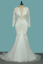 Load image into Gallery viewer, 2023 Scoop Long Sleeves Sheath Wedding Dresses Tulle &amp; Lace With Applique Sweep Train