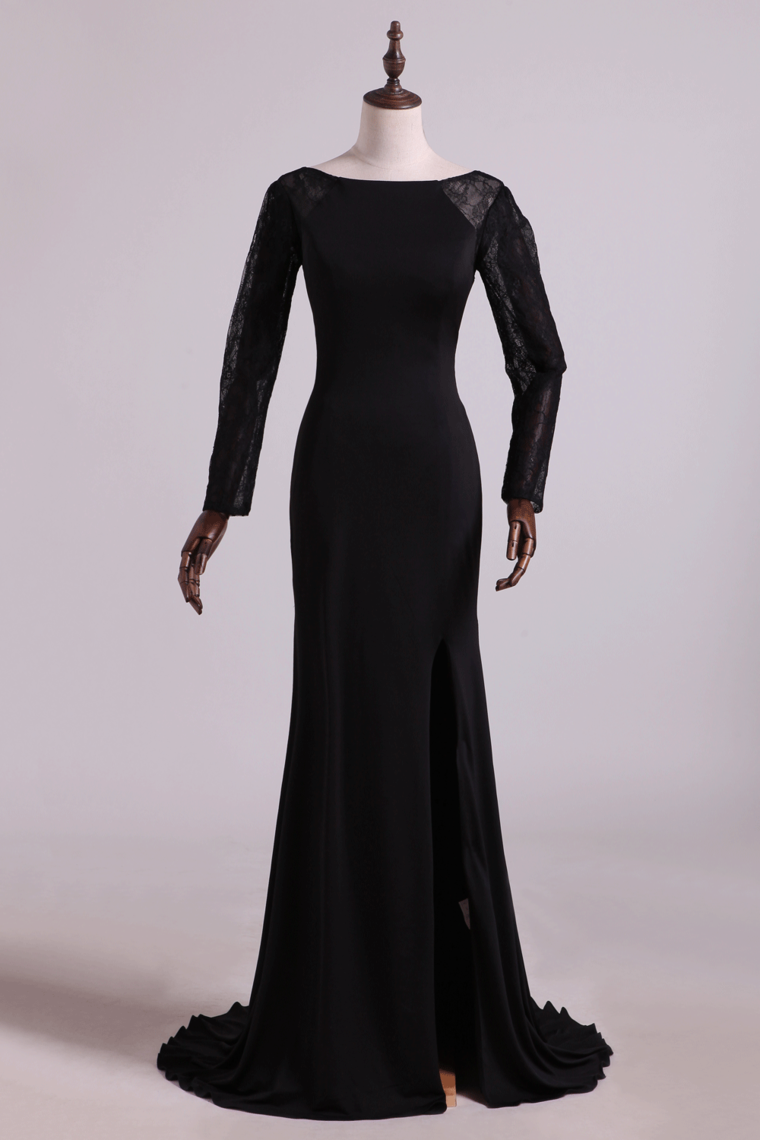 2024 Open Back Bateau Prom Dresses Sheath Spandex Black With Beading