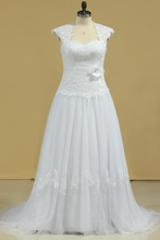 Load image into Gallery viewer, 2024 Open Back A Line Tulle With Applique And Handmade Flower Wedding Dresses Court Train