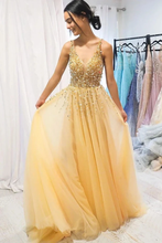 Load image into Gallery viewer, A Line Floor Length Tulle Prom Dress With Sequins Cheap V Neck Long Formal SRSP1NJG7JC