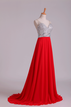Load image into Gallery viewer, 2024 Prom Dress V-Neck A-Line Beaded Tulle Bodice Sweep Train Chiffon
