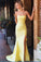 Sexy Yellow Satin Strapless Mermaid Prom Dresses, Sleeveless Evening Dresses with Split SRS15372
