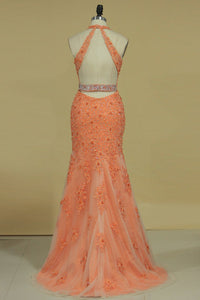 2024 Column V Neck Prom Dresses Tulle With Beading And Applique Open Back