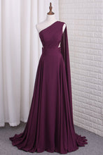 Load image into Gallery viewer, 2023 One Shoulder A Line Chiffon Prom Dresses With Ruffles Sweep Train