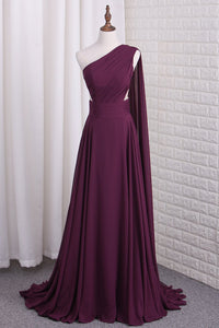 2023 One Shoulder A Line Chiffon Prom Dresses With Ruffles Sweep Train
