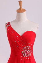 Load image into Gallery viewer, 2024 Red One Shoulder A Line Prom Dresses Chiffon Floor Length With Beading And Ruffles
