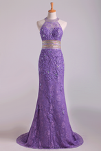Load image into Gallery viewer, 2024 Popular Mermaid High Neck Prom Dresses Lace With Beads Sweep Train Purple