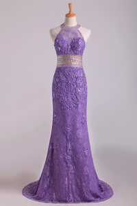 2024 Popular Mermaid High Neck Prom Dresses Lace With Beads Sweep Train Purple