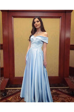 Load image into Gallery viewer, Off The Shoulder Blue Satin Long Modest Prom Dresses Evening Dresses