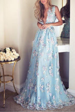 Load image into Gallery viewer, 2024 Sky Blue Prom Dresses See Through Embroidery Formal Dress Evening Dress