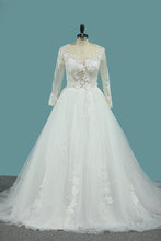 Load image into Gallery viewer, 2023 Scoop Long Sleeves Tulle Wedding Dresses With Applique Chapel Train