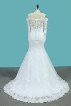 Load image into Gallery viewer, 2024 Long Sleeves Mermaid Tulle Off The Shoulder Wedding Dresses With Applique And Beads