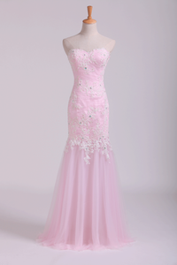 2024 Sweetheart Mermaid Ruffled Bodice Prom Dresses With Rhinestone&Applique Floor Length