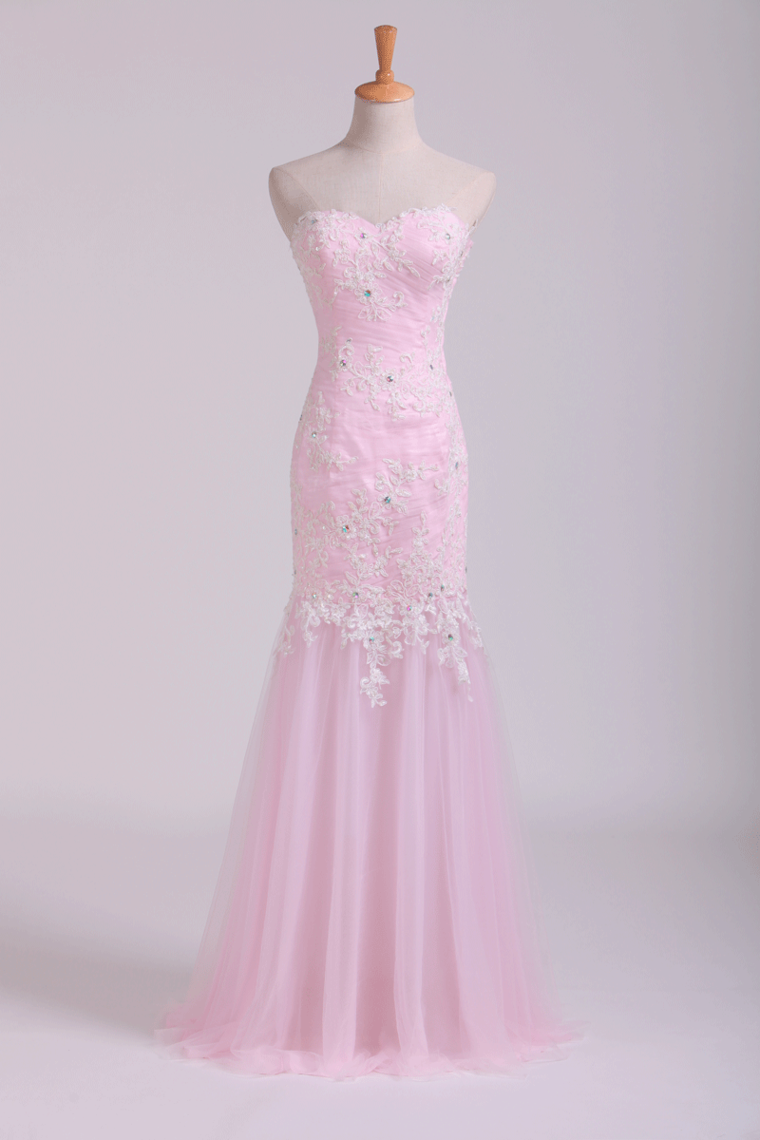 2024 Sweetheart Mermaid Ruffled Bodice Prom Dresses With Rhinestone&Applique Floor Length