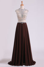Load image into Gallery viewer, 2023 Scoop Prom Dresses A Line Beaded Bodice Chiffon &amp; Tulle With Slit Color Chocolate