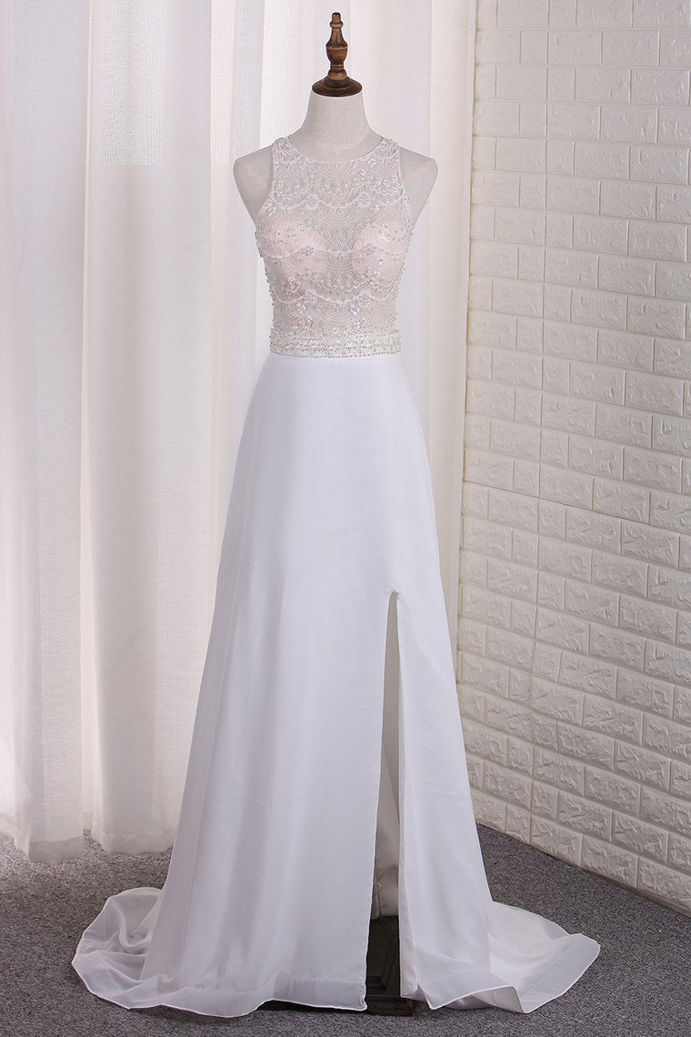 2024 New Arrival A Line Scoop Chiffon & Lace Wedding Dresses With Slit