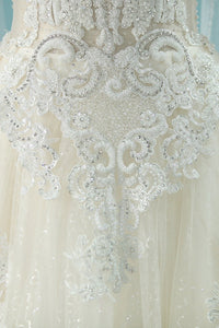 2023 Luxurious Scoop Wedding Dresses A Line Tulle With Appliques And Beading Royal Train
