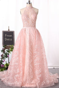 2024 Gorgeous High Neck Lace Prom Dresses Floor-Length