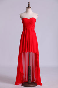 2024 Red High Low Sweetheart A Line Pleated Bodice Flowing Chiffon Skirt