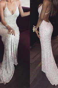 White sequin mermaid long prom dress for teens sequin evening dress RS393