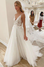 Load image into Gallery viewer, Elegant A line Spaghetti Straps V Neck Tulle Wedding Dresses, Wedding SRS15639
