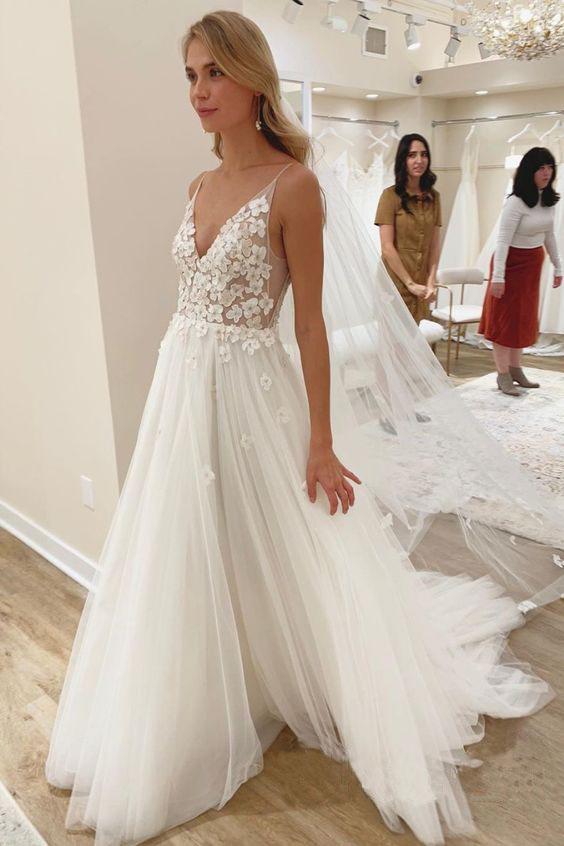 Elegant A line Spaghetti Straps V Neck Tulle Wedding Dresses, Wedding SRS15639