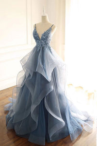 Spaghetti Straps Blue Gray Tulle V Neck Long Ruffles Prom Dresses with Lace Applique SRS15411