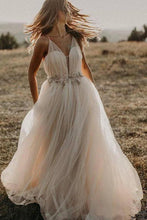 Load image into Gallery viewer, Spaghetti Straps Tulle Deep V-Neck Wedding Dresses, Romantic Bohemian Beach Bridal Dress SRS15421