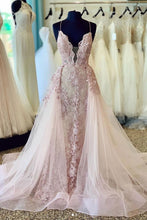Load image into Gallery viewer, Spaghetti Straps Beads Appliques Deep V Neck Pink Prom Dresses with Detachable Train SRS15408
