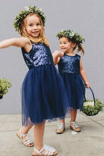 Load image into Gallery viewer, Vintage Navy Blue Sequins Flower Girls Dresses, Short Tulle Birthday Girl Dresses SRS15607